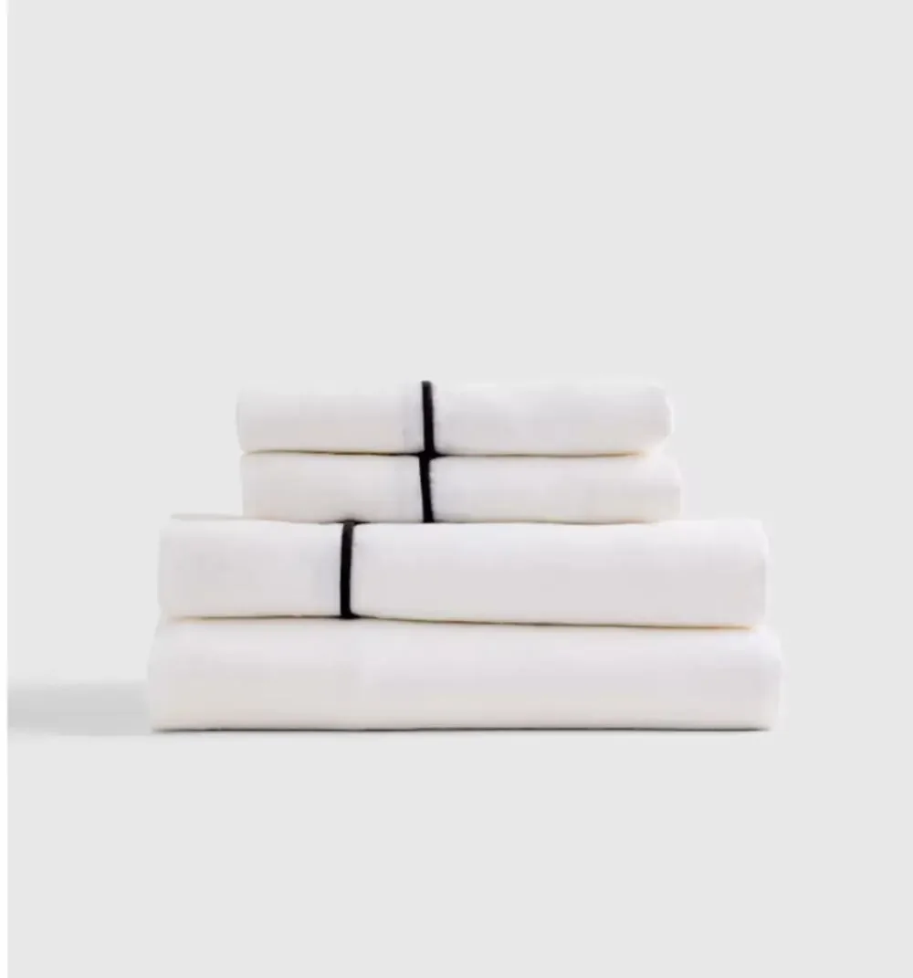 QUINCE European Linen Piped Sheet Set QUEEN in White/Black Piping